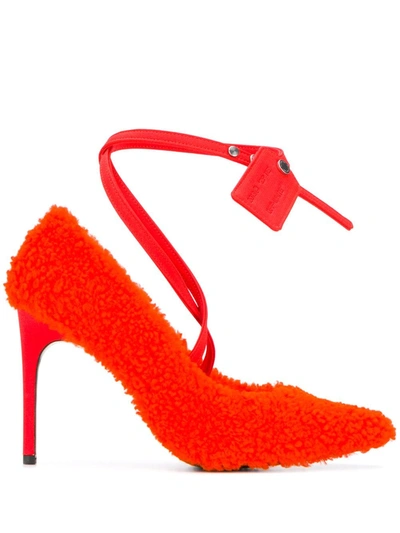 Off-white Furry Zip Tie Neon Shearling Pumps In Orange