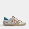 GOLDEN GOOSE Superstar Sneakers in White and Turquoise Leather with Cream Sole