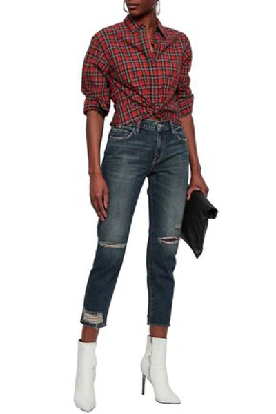 Current Elliott The Repaired Fling Cropped Distressed Mid-rise Slim-leg Jeans In Mid Denim