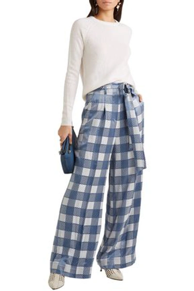 Temperley London Lena Checked Satin-jacquard Wide-leg Trousers In Azure