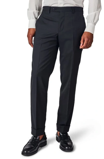 Zanella Curtis Flat Front Solid Stretch Wool Trousers In Black