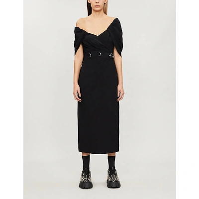Prada Off-the-shoulder Crepe Midi Dress In Black
