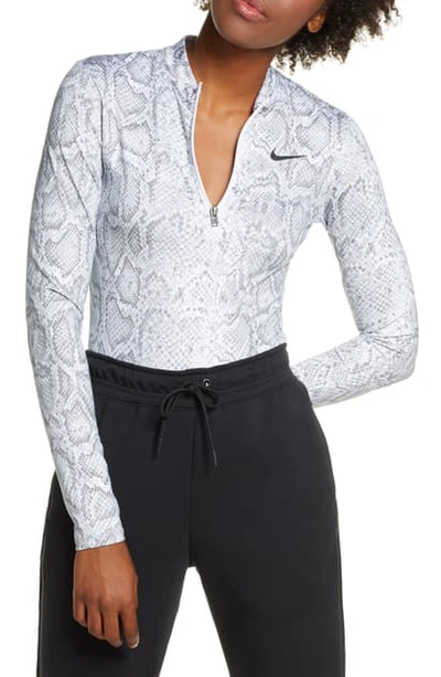 Nike Python Print Long Sleeve Bodysuit In White/ Black