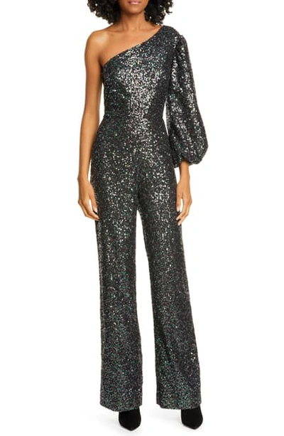 Saloni Lily One-shoulder Sequined Stretch-crepe Jumpsuit In Petrol