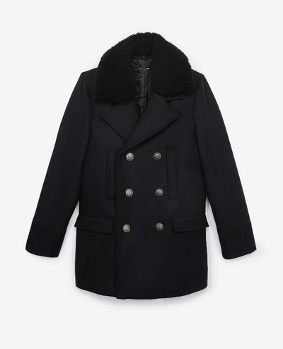 The Kooples Leather Collar Midnight Blue Wool Pea Coat In Nav