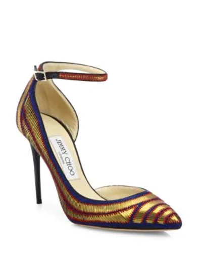 Jimmy Choo Lucy 100 Metallic Pailettes Ankle-strap D'orsay Pumps In Gold-multi