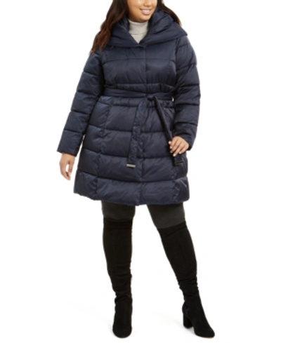 Tahari Plus Size Hooded Belted Down Puffer Coat In Mystic Blue