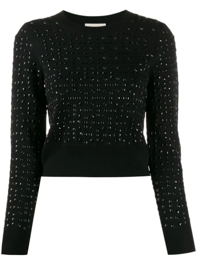 Michael Michael Kors Geo Pyramid Studded Long-sleeve Crop Sweater In Black