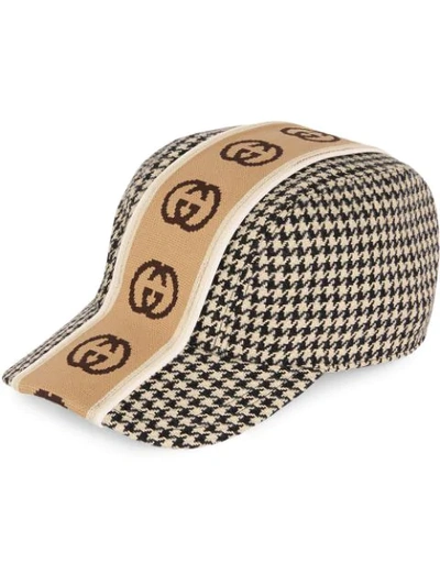 Gucci Interlocking G Stripe Houndstooth Baseball Cap In Brown