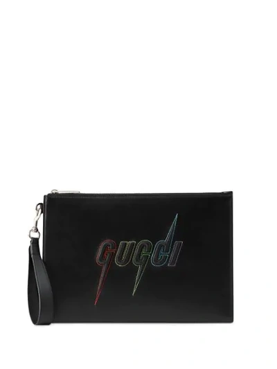 Gucci Leather Embroidered Logo Pouch In Black