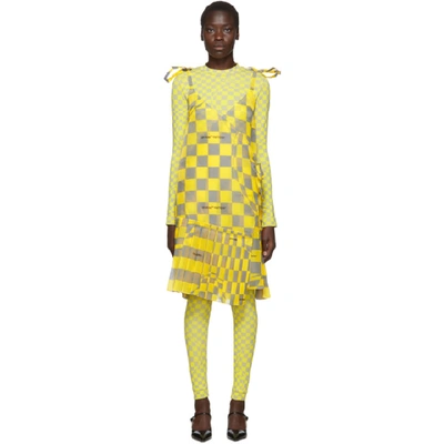 Off-white Pleated Checked Organza Mini Wrap Dress In Yellow,grey