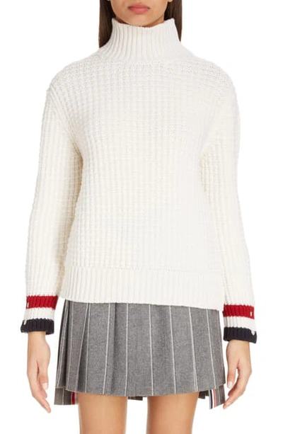 Thom Browne Waffle Knit Merino Wool Turtleneck Sweater In White