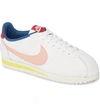 Nike Classic Cortez Leather Sneaker In White/ Coral Stardust/ Gym Red