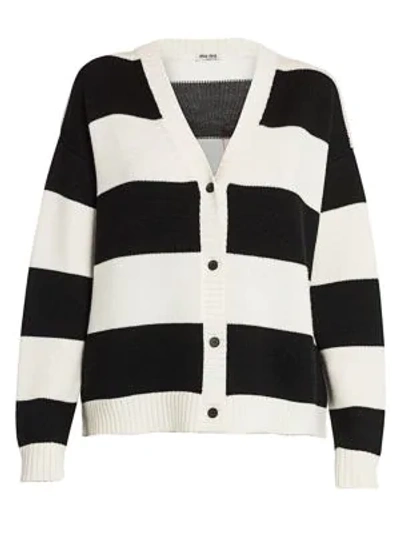 Miu Miu Women's Striped Cat Mohair-blend Knit Cardigan In Ivory Black