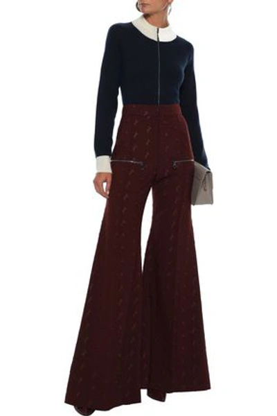 Chloé Embroidered Stretch-wool Flared Pants In Brick