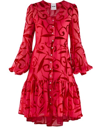 Koché Puffed Sleeve Dress In Fuschia/rust Red