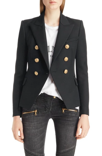 Balmain Double Breasted Wool Blazer In Noir/gold