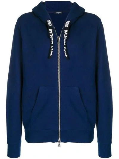 Balmain Logo Drawstring Hooded Sweater In Blue