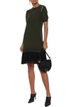 ADEAM ADEAM WOMAN PLEATED TWO-TONE CORDED LACE-PANELED STRETCH-KNIT DRESS DARK GREEN,3074457345621297813