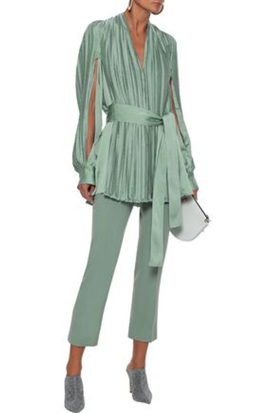 Adeam Woman Open-back Belted Pleated Satin Top Light Green