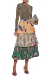 STELLA JEAN KNOTTED TIERED PRINTED COTTON-BLEND MIDI SKIRT,3074457345621280051