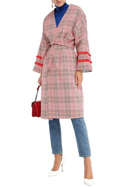 Stella Jean Woman Fringe-trimmed Prince Of Wales Checked Cotton-blend Coat Pink