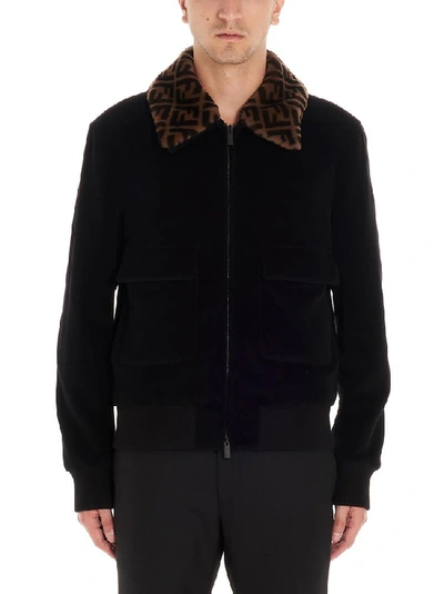 Fendi Men's Ff Shearling-collar Jacket In Black