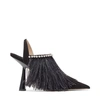 JIMMY CHOO AMBRE 100 Black and Silver Suede Slingback Heels with Ostrich Feather and Crystal Trim,AMBRE100DOY S