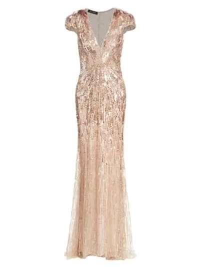 Jenny Packham Beaded Sequin Cap-sleeve Gown In Illusion