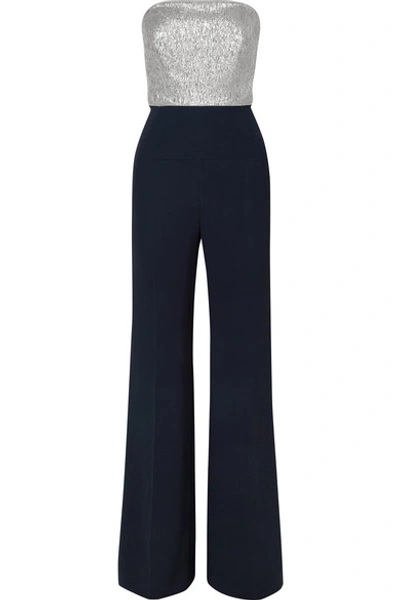 Roland Mouret Gifford Strapless Silk-blend Lurex And Crepe Jumpsuit In Navy