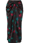 GANNI KNOTTED FLORAL-PRINT SILK-BLEND SATIN MIDI SKIRT