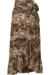 GANNI RUFFLED PRINTED STRETCH-MESH WRAP SKIRT