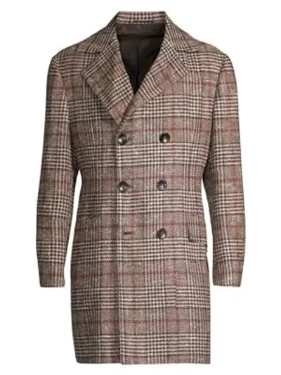 Kiton Plaid Cashmere & Silk Double-breasted Top Coat In Brown