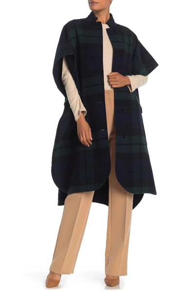 Burberry Plaid Wool Blend Poncho In Bright Navy