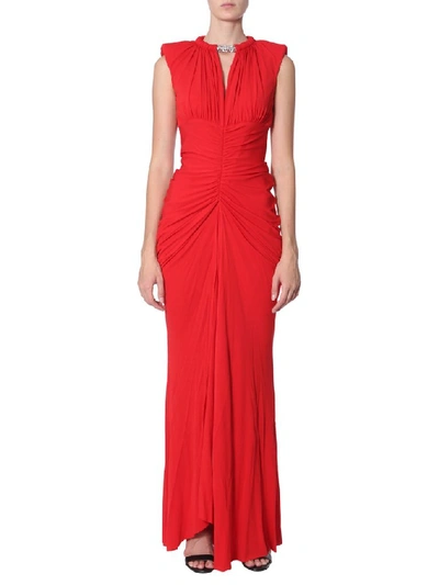 Alexander Mcqueen Ruched Crystal-neck Jersey Gown In Red