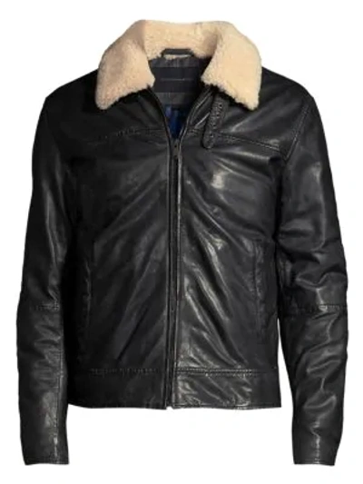 John Varvatos Sheldon Shearling Collar Leather Jacket In Navy