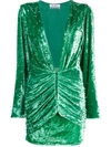 Attico Crystal-embellished Ruched Stretch-velvet Mini Dress In Green