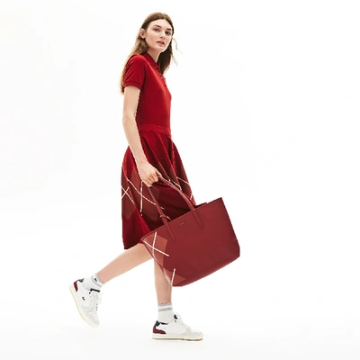 Lacoste Women's Anna Reversible Jacquard Pattern Coated Canvas Tote Bag In Red Dahlia Chili Oil