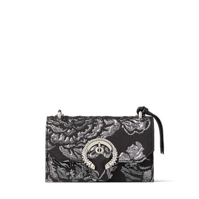 Jimmy Choo Paris Black Brocade Top Handle Bag With Crystal Buckle In Black/steel