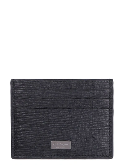 Ferragamo Pebbled Leather Card Holder In Black