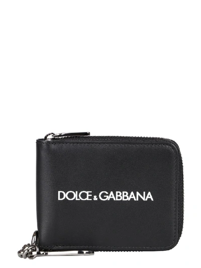 Dolce & Gabbana Black Leather Wallet With Metal Chain & Logo