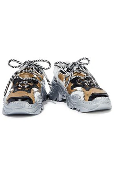 N°21 Woman Billy Smooth, Patent And Metallic Cracked-leather Sneakers Silver