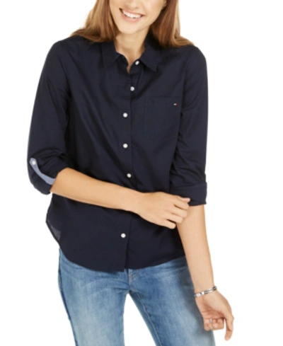 TOMMY HILFIGER WOMEN'S COTTON ROLL-TAB BUTTON-UP SHIRT