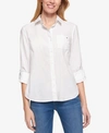 Tommy Hilfiger Plus Size Roll-tab-sleeve Button-down Emblem Shirt In White