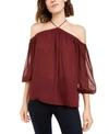 1.state Off The Shoulder Sheer Chiffon Blouse In Mahogany