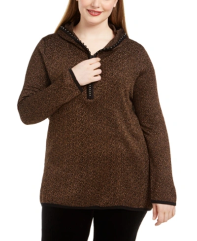 Belldini Plus Size Metallic-knit Hoodie Sweater In Copper/black