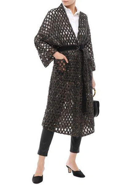 Brunello Cucinelli Woman Belted Sequin-embellished Open-knit Mohair-blend Cardigan Black