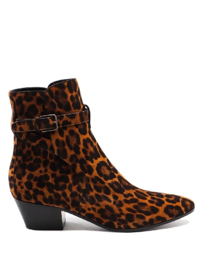 Saint Laurent Leo Print Leather Ankle Boots In Black