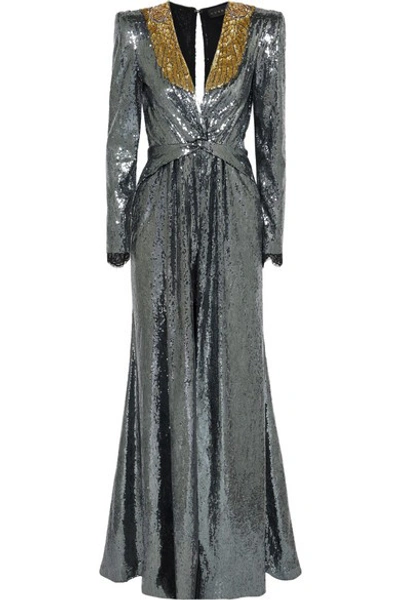 Dundas Embellished Sequined Crepe De Chine Gown In Grey