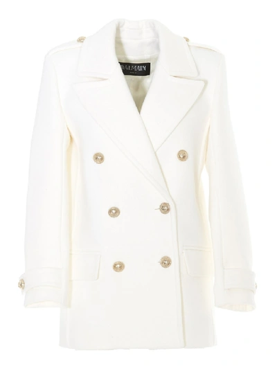 Balmain White Wool Caban With Golden Buttons